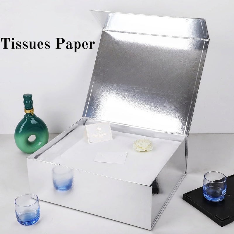 UoeRing 2 Pack Silver Gift Box Large 13.5x11.8x4.7 inch Luxury Gift Box for Presents with Magnetic Closure Lid Collapsible,Birthday,Contains Card, Ribbon, Tissue Paper,Shredded Paper Filler - Image 5